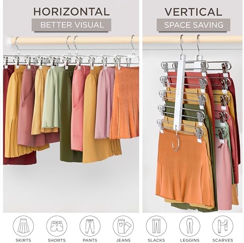 MORALVE Skirt Hangers Space Saving with Clips - 2 Pack - European Beechwood 5-Tier Hanger for Shorts, Skirts, and Pants - Closet Organizer and Storage Solution for Women with 360° Swivel Hook - Image 4