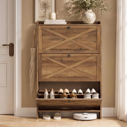VASAGLE Narrow Shoe Storage Cabinet Organizer with 3 Flip Drawers by VASAGLEbySONGMICSHOME