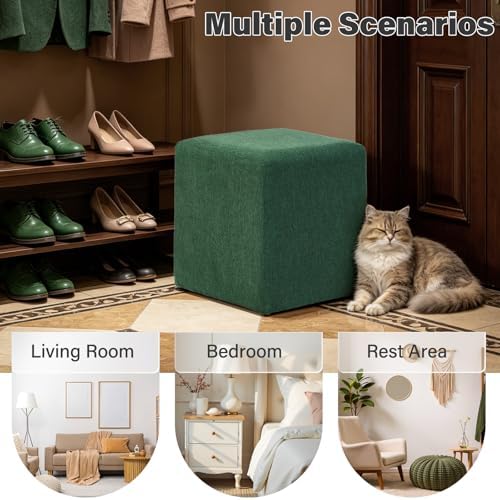 1PC Modern Square Ottoman for Living Room, Wooden Frame Cube Vanity Stool Chair for Bedroom, Woven Heathered Fabric Upholstered Ottoman Foot Rest for Couch or Chair - Image 4
