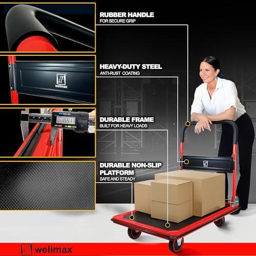 Wellmax Push Cart Dolly, Foldable Moving Platform Flat Cart, 660 lb, Red - Image 4