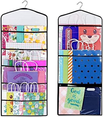 ProPik Hanging Double Sided Gift Bag Storage Organizer with Multiple Front and Back Pockets Organize Your Gift Wrap, Tissue Paper, and Paper Bags 38 x 16 Inch PVC (Black) by ProPik