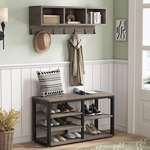 Tribesigns Coat Rack Shoe Bench Set Industrial, Hall Tree with 3 Storage Cubbies, 7 Hooks for Entryway, Hallway, 5-in-1Design, Vintage Grey - Image 2