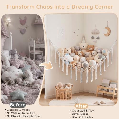 Basumee Stuffed Animals Hammock with LED Light Corner Net, Girls Room Decor - Image 2