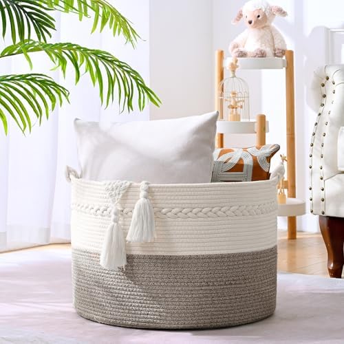 67L Large Blanket Basket, 20"x13" Woven Storage Baskets With Handle, Cotton Rope Blanket Basket Living Room, Baby Laundry hamper for Blanket, Nursery, Toy, Pillow (White & Grey) - Image 3