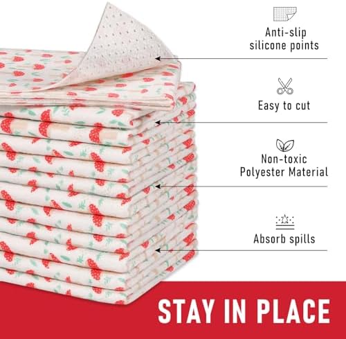 Cooyes 12 Pack Cloth Shelf Liners for Kitchen Cabinets, 12" × 24", Non-Slip Refrigerator Liners Machine Washable, Crisper Drawer Mats for Glass Shelves and Freezers, (Red Mushroom) - Image 3