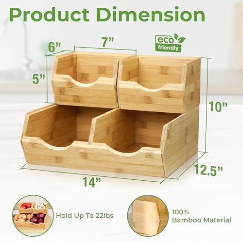 HOMESTEAD Bamboo Pantry Storage Bins – Stackable Potato & Onion Storage Bin for Kitchen Countertop, Pantry Organizer, Fruit Vegetable Basket, Multiuse - Set of 3 Slide-Out Access - Image 3