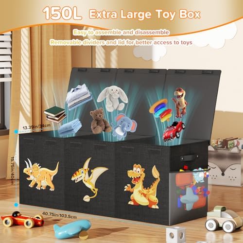 Extra Large Toy Box Chest, Collapsible Sturdy Toy Storage Organizer Boxes Bins Baskets Dinosaur Kids Toy Chest Bin with Lids for Boys Girls Living Room Playroom Bedroom Nursery 41"x14"x16" Black - Image 2