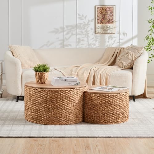Round Nesting Coffee Table Set of 2 with Storage - Handwoven Wicker Rattan Ottoman Style, Boho Coastal Coffee Tables for Living Room, with Cover & Soild Wood Frame, Natural by Giofanzo