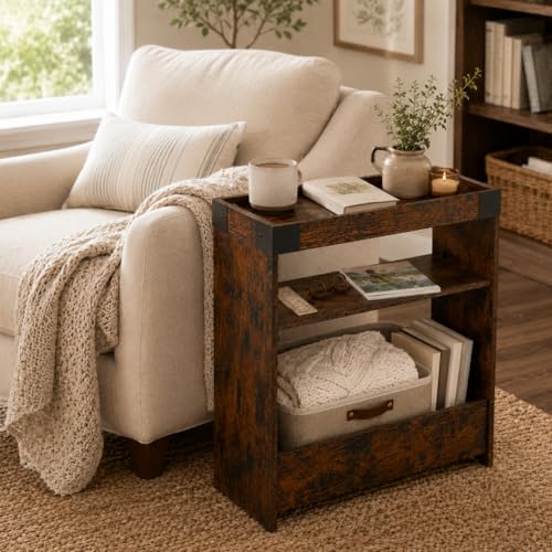 Narrow Side Table, 8" Slim End Table with Tray Top, Rustic Brown - Image 6