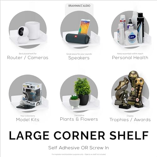 9" Small Corner Shelf Mount, Adhesive & Screw in, for Speakers, Cameras, Baby Monitors, Plants, Books Electronics, Collectibles & More, Floating Shelves (White) by Brainwavz - Image 4