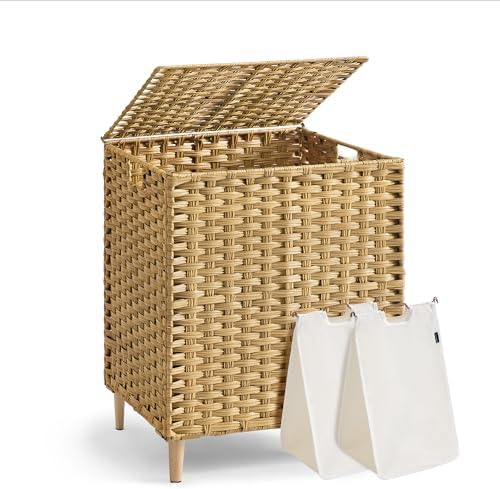 SONGMICS 2-Section Laundry Hamper with Lid, PE Rattan, 29 Gallons (110 L) by SONGMICSbySONGMICSHOME