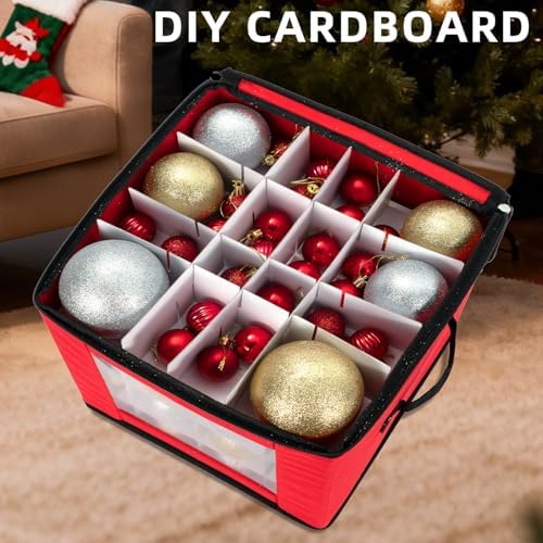 Christmas Visible Ornament Storage Box with Adjustable Dividers,Christmas Ornaments Organizer with Zipper, Storage Container Bin for Decorations(64 Ball, Red, without Tray) - Image 7