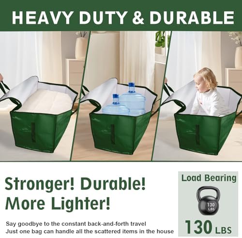 8 Pack Extra Large Moving Bags Heavy Duty 180GSM,130LBS 100L Totes with Visible Window, Zippers & Wrap-Around Handles, Waterproof Reusable, Alt to Moving Boxes, Olive green - Image 3