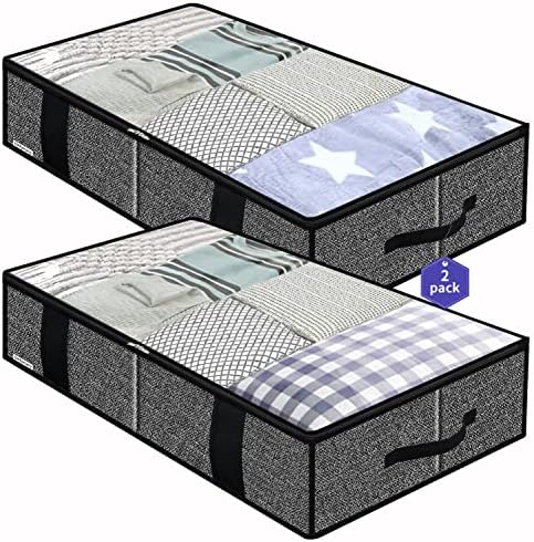 Onlyeasy Underbed Fabric Storage Bags Organizer with 4 Handles, 2 Zippers and Large Clear Window, for Clothes, Blankets, Bedding, Foldable with Sturdy Structure, 2 Pack, Linen-like Black, MXAUBBSS2P by Onlyeasy