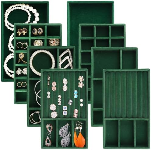 Jewelry Trays for Drawers, Set of 8 Stackable Velvet Jewelry Tray Inserts for Rings, Earrings, Necklaces, Bracelets – Fits Most Dresser/Closet Drawers, Non‑Slip Lined, Green by Unknown