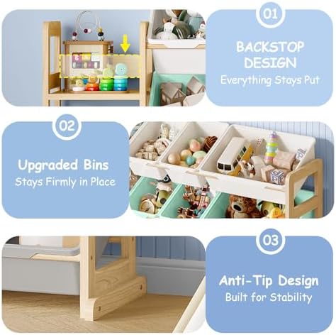 EXPERLAM Toy Storage Organizer, Toy Storage Shelf with 3 Shelves and 16 Storage Bins (12 Small + 4 Large), 3-in-1 Kids Bookshelf for Kids Rooms, Playroom, Nursery, Multi - Image 4