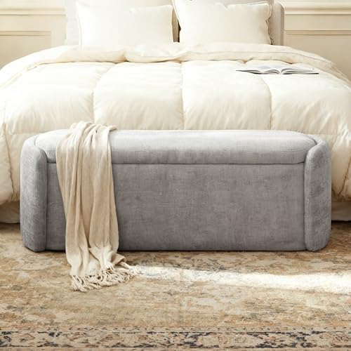 VKNOW 46" Oval Storage Ottoman Bench, Upholstered End of Bed Bench Ottomans Bench Foot Rest, Sherpa Storage Bench for Bedroom, Living Room and Hallway, Light Grey - Image 3