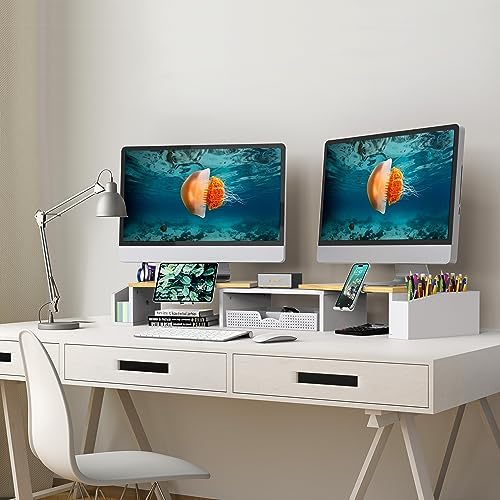 Simple Houseware Desk Dual Monitor Stand Riser with Drawer, Oak - Image 6