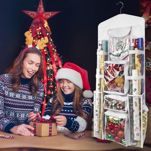 Wrapping Paper Organizer, Double-Sided Hanging, Over Door Gift Wrap Storage with Multiple Pockets, Side Pockets, Elastic Straps, Organize Ribbons, Bows, Tools, Space-Saving Closet,Cabinet Design,White - Image 2