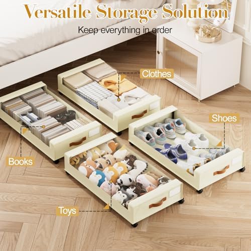 Yecaye 60L Under Bed Storage with Wheels, 4 Pack, Beige - Image 7