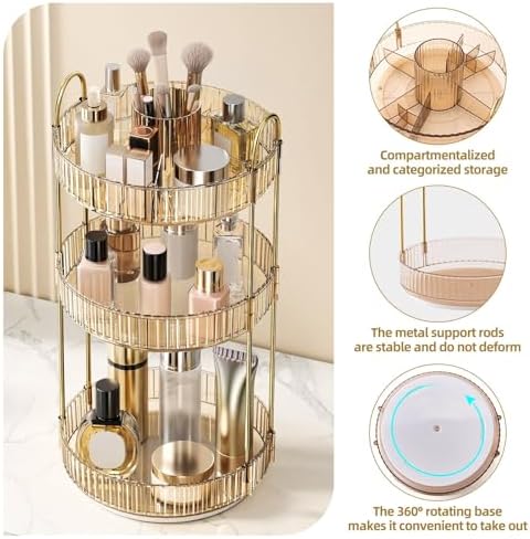 360° Rotating Makeup Organizer, Large-Capacity Skincare Make Up Storage 3 Tier Perfume Organizers Cosmetic Dresser Organizer with Makeup Brush Holder, Fits Bedroom, Bathroom, Vanity Shelf Countertop - Image 4