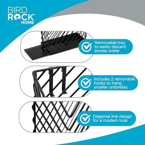 BIRDROCK HOME Decorative Umbrella Stand with Removable Water Tray - Large Metal Umbrella Rack and Cane Walking Stick Organizer for Entryway - Umbrella Holder for Indoor & Outdoor - Black, Diagonal - Image 5