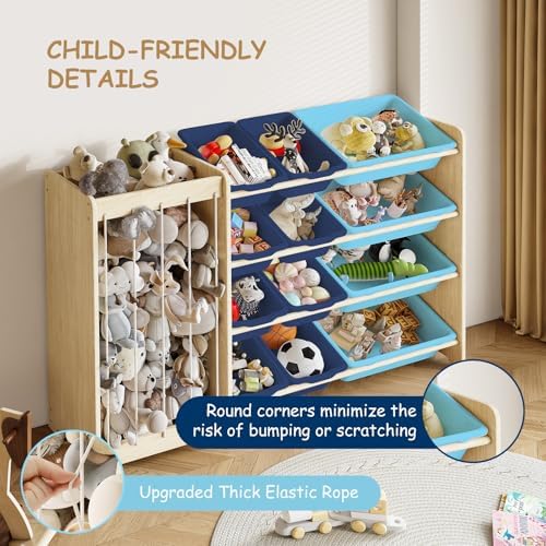 EXPERLAM Kids Toy Storage Organizer, 2-in-1 Stuffed Animal Storage & Toy Organizer w/12 Bins, Solid Wood Toy Rack Featuring Thicker Elastic Ropes, Playroom Nursery Bedroom Storage, Blue - Image 4