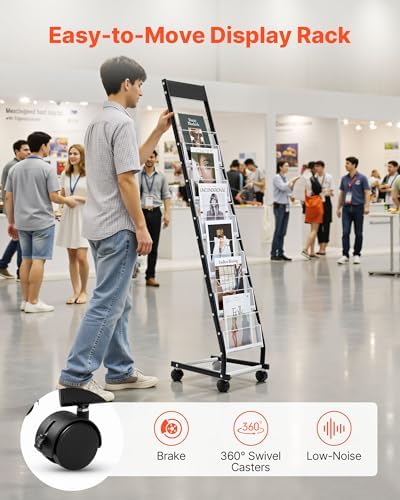 VEVOR Brochure Display Rack, Narrow 6-Tier Magazine Literature Display Stand with Wheels, Metal Floor Standing Magazine Rack, Movable Newspaper Catalog Holders for Shop Exhibitions Office (6 Pockets) - Image 4