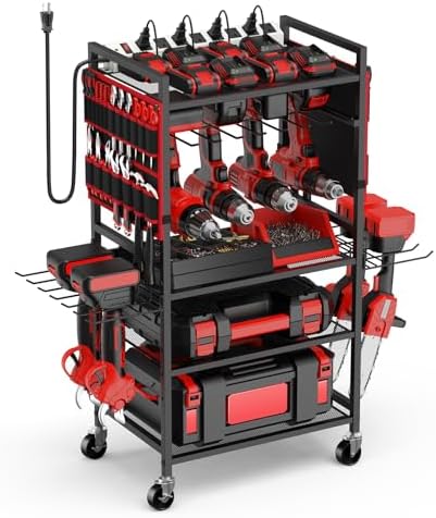 JUNNUJ Garage Large Power Tool Organizer Cart with 20A Charing Station, Heavy Duty Drill and Tools Battery Holder Storage Rack, Floor Standing Rolling Tool Cart on Wheels, Red by JUNNUJHome