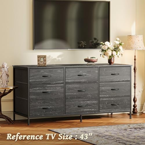 Huuger 9 Drawer Dresser, 47 Inch TV Stand for 50, 55 Inch TV, Entertainment Center with Drawers, Fabric Dresser Chest of Drawer for Bedroom, Closet, Charcoal Black Wood Grain Print - Image 2