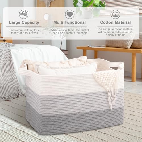 OIAHOMY Extra Large Blanket Basket, 110L Cotton Rope Woven Laundry Basket, Toy Bin for Baby Room, Container for Blanket Storage in Living Room, 24.8''×17.3''×15.8'', Gradient Grey - Image 2
