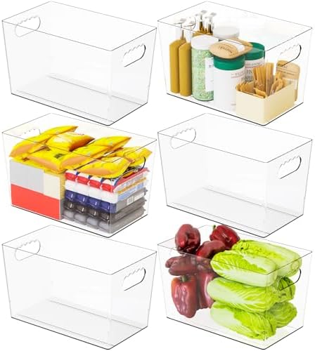 6 Pack Plastic Clear Bins for Organizing- With Handle -11″ Large Pantry Organizer Bins for Shelves Snack,Food or Cleaning Supplies,Fridge Organizers and Storage,Acrylic Kitchen Storage Containers by SuoxingStorage