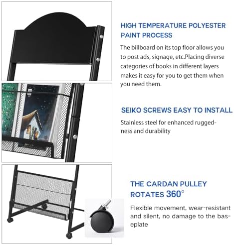 LIWSHWZ Brochure Display Stand,4-Tier Magazine Rack,Floor-Standing Magazine Literature Display Stand with Wheels,High-hardness metal,for Shop Exhibitions Office - Image 3