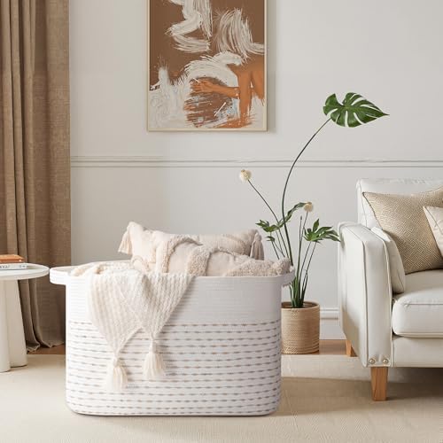 OIAHOMY 108L Extra Large Blanket Basket, 25”x16”x16” Rectangle Woven Cotton Rope Baskets for Living Room, Toy Storage with Handle- Light Yellow & White - Image 2