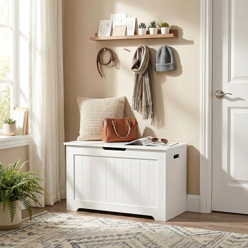 SUPER DEAL Storage Chest, 30 inches Chest Box Organizer with 2 Safety Hinges, Wooden Entryway Storage Bench, White - Image 4
