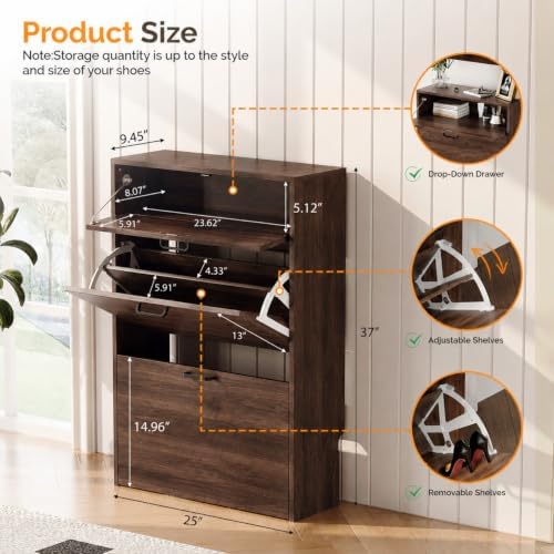 VINGLI Shoe Cabinet Storage for Entryway,Walnut Narrow Wood Shoe Rack,25" W - Image 2
