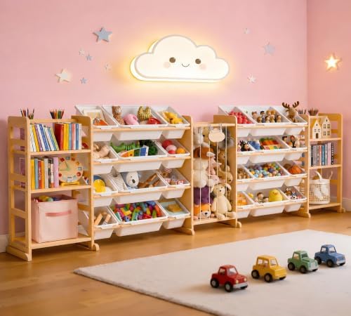 114" Large Toy Storage Organizer with Bins Shelves & Stuffed Animal Storage for Kids Wood Toddler Playroom Organization with Bookshelf Toys Box Wooden Organizers for Kids Room Nursery Bedroom by Unknown