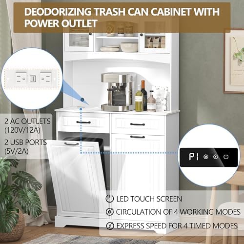 Double 13 Gallon Tilt Out Trash Can Cabinet with Deodorizing Function and Power Outlet, 71" Tall Wooden Garbage Can Holder Cabinet with 2 Storage Hutch & 2 Drawers for Kitchen and Dining Room, White - Image 3