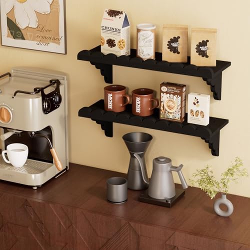 QsQueen Scalloped Wood Wall Shelf – 17 Inch Floating Shelf with Wood Brackets, Easy to Install Rustic Wall Shelf for Living Room, Bedroom, Bathroom, or Any Space, Black Shelves - Image 4