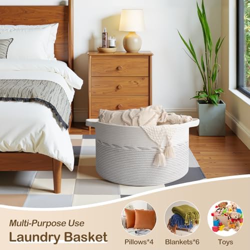 OIAHOMY 90L Extra Large Blanket Basket - Decorative Cotton Rope Storage Basket for Bedroom, Living Room & Nursery - Woven Laundry Hamper for Organizing Blankets, Clothes & Toys - Light Grey & White - Image 3