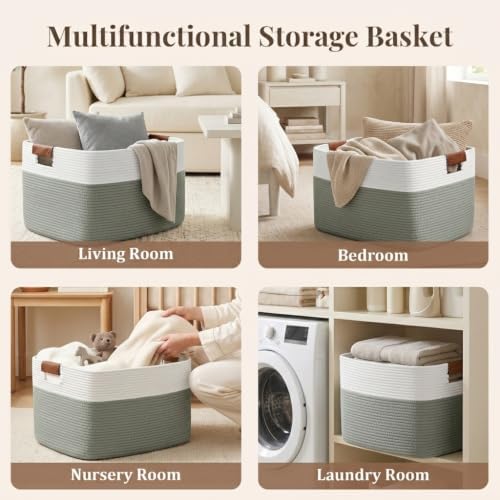 Danpinera 100L Extra Large Blanket Basket for Living Room, White&Sage Green - Image 4