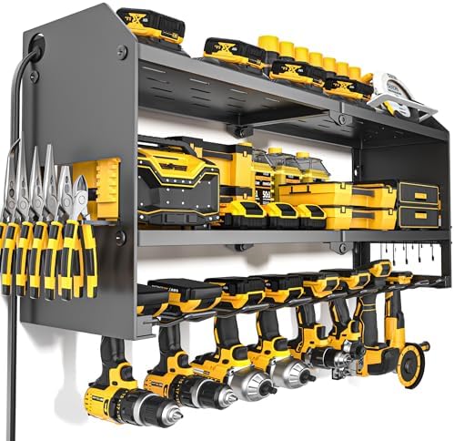 YYR Power Tool Organizer with Charging Station Wall Mount, Cordless Drill and Battery Holder for Garage Organization, Electric Tools Storage Rack Build in Surge Protection Power Strip - Black Shelf by YYR