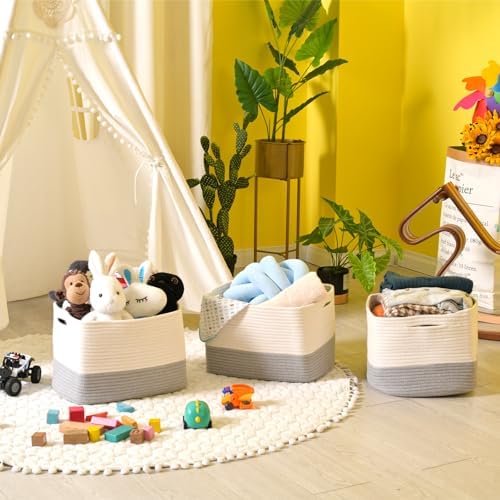ICERZCZ Storage Baskets for Organizing Shelves, Woven Cotton Rope Bins for Baby Nursery Organization, Book Toy Towel Organizer, 15"x11"x9.5", 3 Packs, Off White & Grey - Image 6