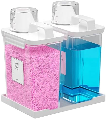 61OZ Laundry Detergent Dispenser Container, 2 Pack Liquid Laundry Dispenser, Plastic Detergent Dispensers for Laundry Powder/Fabric Softener with Tray 6 Labels, Clear by Hordely