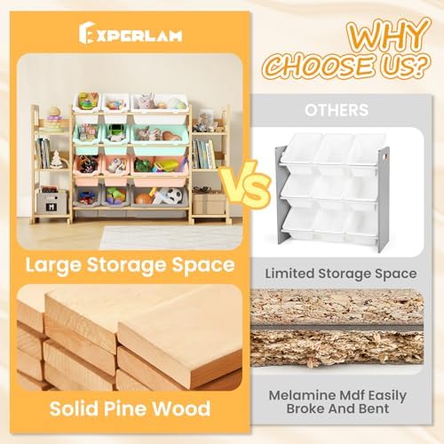EXPERLAM Extra Large Toy Storage - Toy Storage Organizer, Wooden Toy Organizer with 6 Side Shelves and 12 Bins, 3-in-1 Bookshelf for Kids Rooms, Playroom, Nursery, Multi Color - Image 6