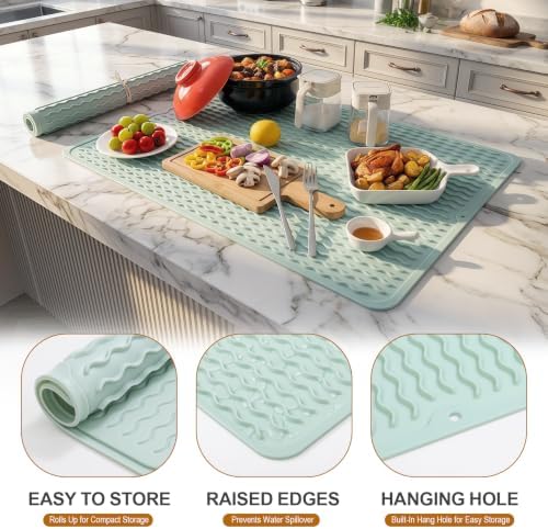 2 Pack Silicone Dish Drying Mat for Kitchen Counter Shower Caddy Rack Waterproof Trivets Placemats Meal Prep Essentials for Women Espresso Machine Station Appliances 28" x 20" Green - Image 2