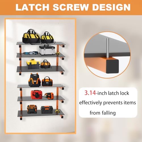 4 Pack Wall-Mounted Lumber Rack, Heavy Duty Wood Storage Racks, 6-Level System Garage Shelving, 1320 LBS Capacity Hanging Organizer Shelves, Orange Brackets Utility Metal Shelf for Indoor and Outdoor - Image 3