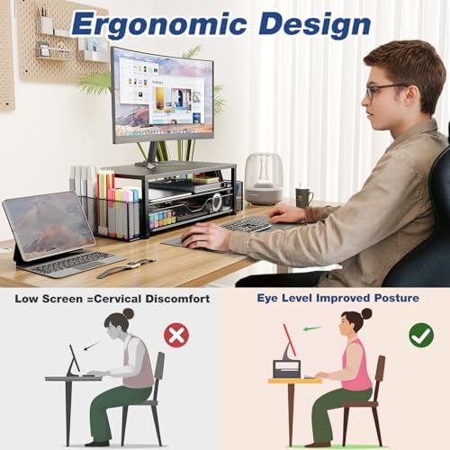 OPNICE Desk Organizer and Accessories, 2-Tier Computer Monitor Stand Riser with Drawer and 2 Pen Holders, Laptop Stand, Office Desk Accessories for Office Supplies, White - Image 6