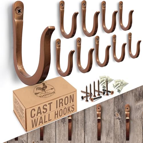 Antique Copper Railroad Spike Cast Iron Hooks (10 Pack) Handmade Blacksmith, Wall Mounted Decorative Hooks, PowderCoated for Interior or Exterior Use, Rust Proof for Hanging Coats, Bags or Pots by MyFancyFarmhouse