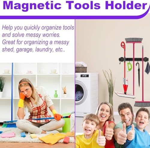 Magnetic Mop Broom Holder, Heavy Duty Magnetic Mop Hanger with Swivel Hooks for Cleaning Tools, Strong Magnet Mount Tool Hanger Organize System Utility Rack for Refrigerators Laundry Garage Kitchen - Image 2
